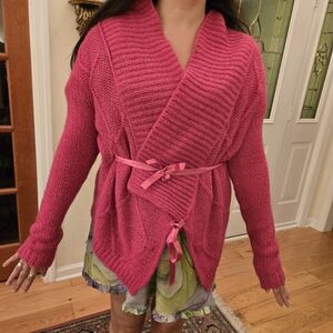 Extyn Italia Cardigan Sweater M Bow Pink Italian Wrap Mohair Knit Shawl Collar